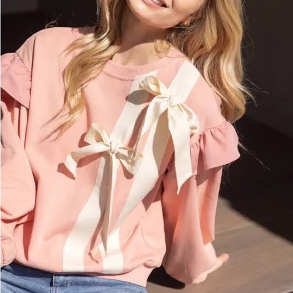 Pink Ruffle Sweatshirt with Cream Bows - Picture 2 of 10